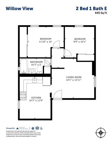 Floor plan for 2 beds, 1 bath, 645 sqft